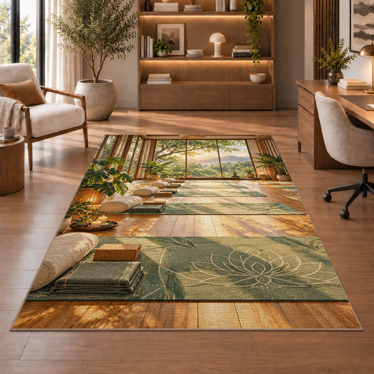 yoga studio rug in a home office with wooden shelves