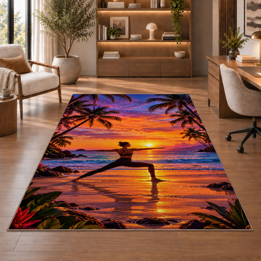 beach yoga sunset rug in a home office with wooden shelves
