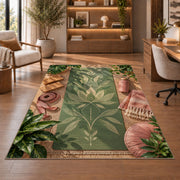 yoga mat flat lay rug in a home office with wooden shelves