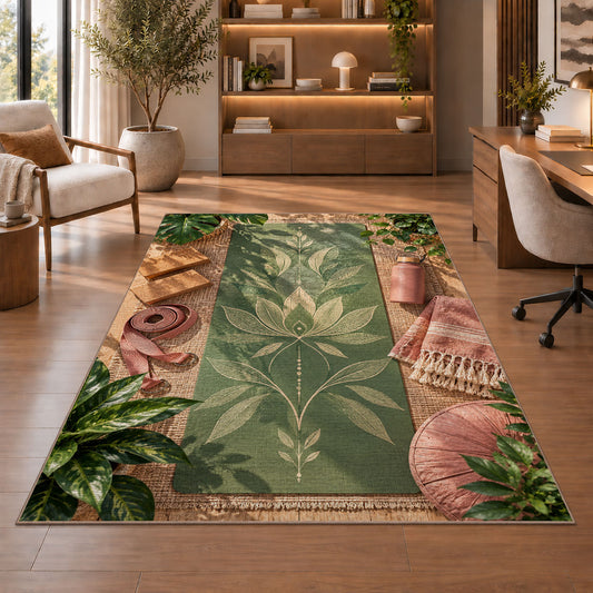yoga mat flat lay rug in a home office with wooden shelves