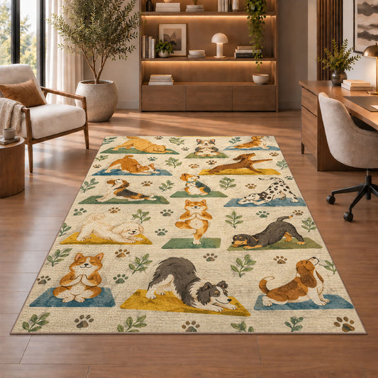 dogs doing yoga rug in a home office with wooden shelves