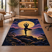 moonlight tree pose rug in a home office with wooden shelves