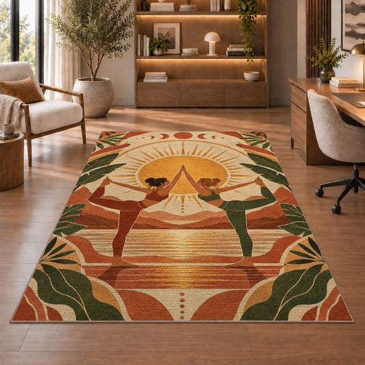 partner yoga boho rug in a home office with wooden shelves