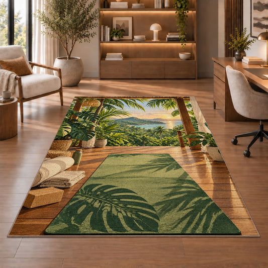 tropical yoga deck rug in a home office with wooden shelves
