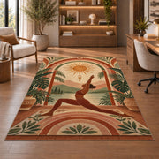boho arch yoga rug in a home office with wooden shelves