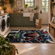 gridiron tunnel football design area rug displayed in a laundry room
