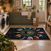 football strategy stadium collage area rug displayed in a laundry room