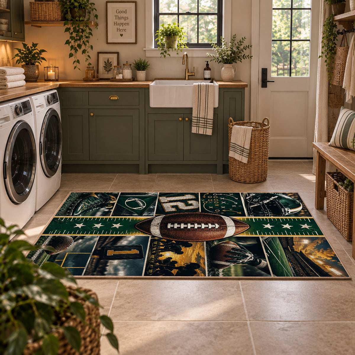 green gridiron jersey design area rug displayed in a laundry room