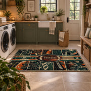 vintage football grid collage area rug displayed in a laundry room