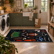 football equipment playbook collage area rug displayed in a laundry room