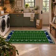 minimal green football field area rug displayed in a laundry room