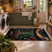 stadium football field scene area rug displayed in a laundry room