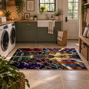 football rivalry helmet lineup area rug displayed in a laundry room