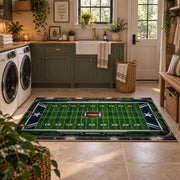classic football field design area rug displayed in a laundry room