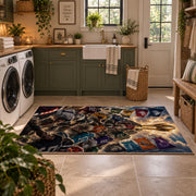 football championship battle scene area rug displayed in a laundry room