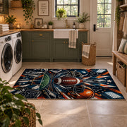 football helmet action collage area rug displayed in a laundry room