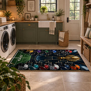football playoff bracket design area rug displayed in a laundry room