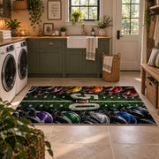 football helmet sideline design area rug displayed in a laundry room