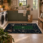 football playbook chalkboard design area rug displayed in a laundry room