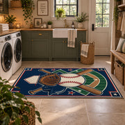 patriotic baseball gear area rug displayed in a laundry room