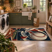 geometric baseball strike design area rug displayed in a laundry room