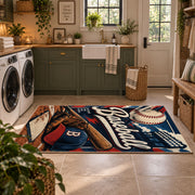 classic baseball typography collage area rug displayed in a laundry room
