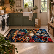 baseball action collage area rug displayed in a laundry room