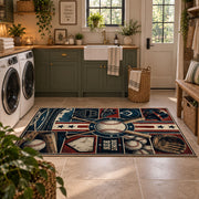 baseball blueprint equipment grid area rug displayed in a laundry room