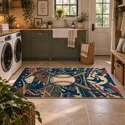baseball glove and ball collage area rug displayed in a laundry room