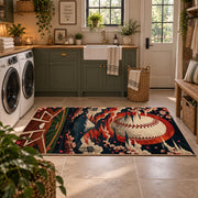 sunset baseball diamond scene area rug displayed in a laundry room