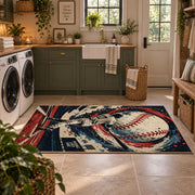 baseball pitcher action design area rug displayed in a laundry room