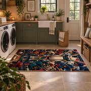 dynamic baseball player collage area rug displayed in a laundry room