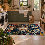 crossed bats baseball emblem area rug displayed in a laundry room