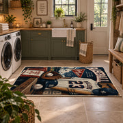 vintage baseball clubhouse collage area rug displayed in a laundry room