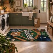green baseball glove emblem area rug displayed in a laundry room