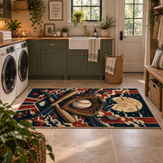 baseball glove crest collage area rug displayed in a laundry room