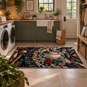 vintage baseball gear collage area rug displayed in a laundry room