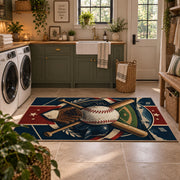home plate baseball emblem area rug displayed in a laundry room