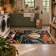 colorful baseball pennant patchwork area rug displayed in a laundry room