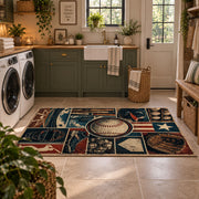 baseball stadium blueprint collage area rug displayed in a laundry room