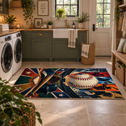 dynamic baseball action collage area rug displayed in a laundry room