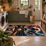 patriotic baseball star emblem area rug displayed in a laundry room