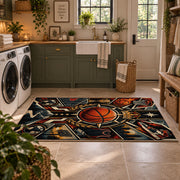 Mechanical Basketball Hoop Rug displayed in a modern laundry room