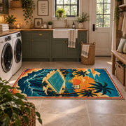 Tropical Island Basketball Court Rug displayed in a modern laundry room