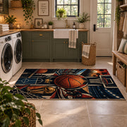 Basketball Hoop Collage Rug displayed in a modern laundry room