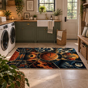 Sunset Skyline Basketball Hoop Rug displayed in a modern laundry room