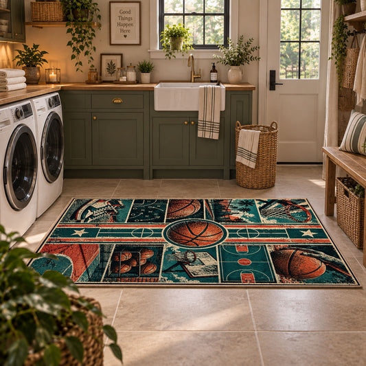 Geometric Basketball Court Collage Rug displayed in a modern laundry room