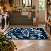 Icy Mountain Basketball Court Rug displayed in a modern laundry room