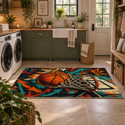Graffiti Basketball Hoop Rug displayed in a modern laundry room