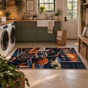 Urban Basketball Hoop Collage Rug displayed in a modern laundry room